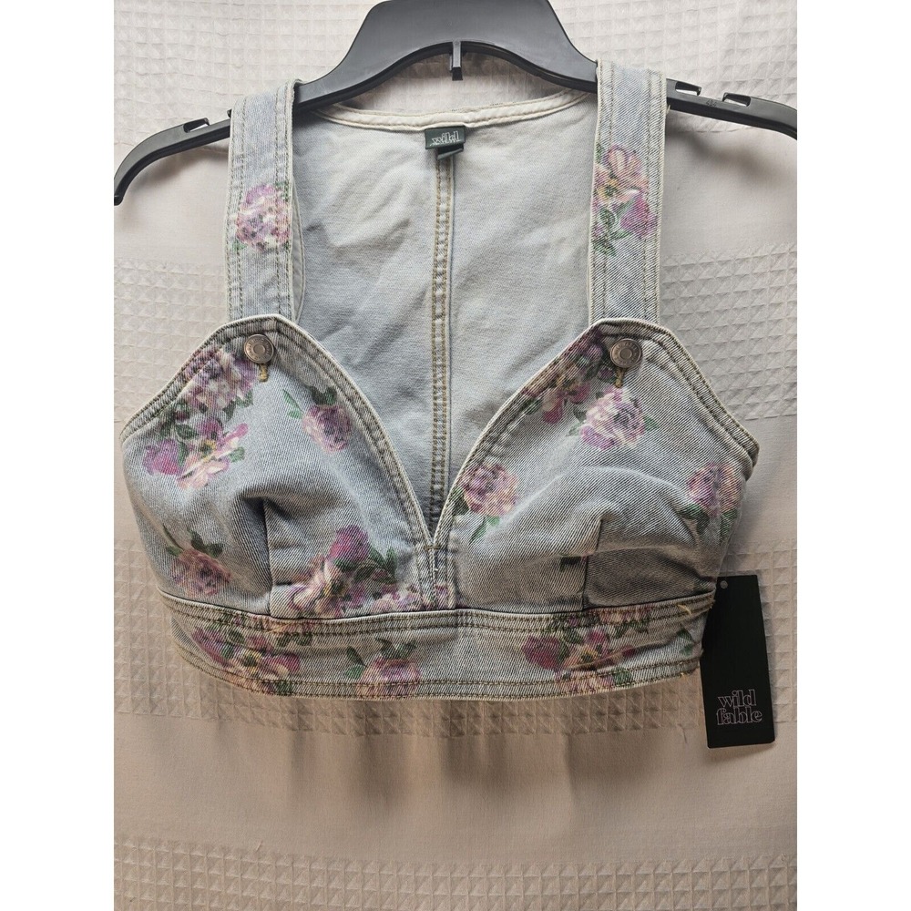 Wild Fable XXS Cropped Denim Jean Top Vest Floral Pink Blue Coquette
